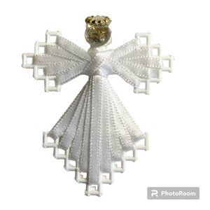 Vintage Christmas Angel Pin Brooch White Ribbon Handmade Halo Wings
